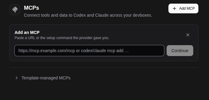 Add an MCP server by URL or by its command.