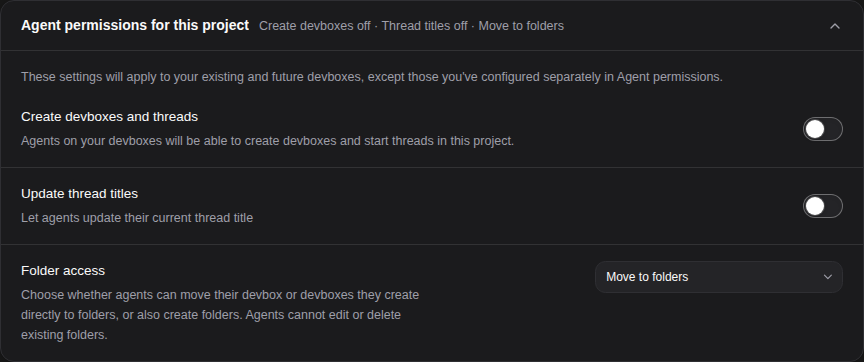 Project settings control shared agent permissions for existing and future devboxes.