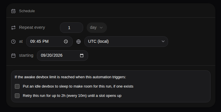 Choose a schedule, its timezone, and what happens when no devbox can start.
