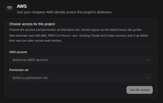 Choose AWS access for the project and the credentials its machines should receive.