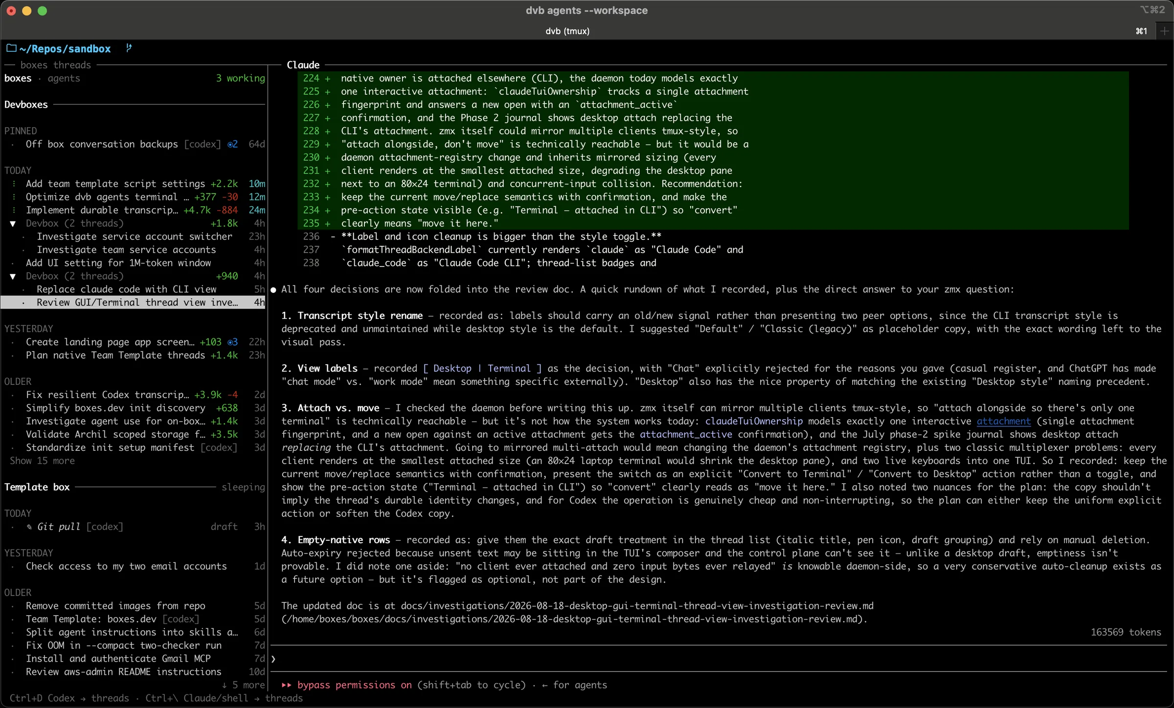 The CLI switchboard lists your threads and lets you open or create a conversation.