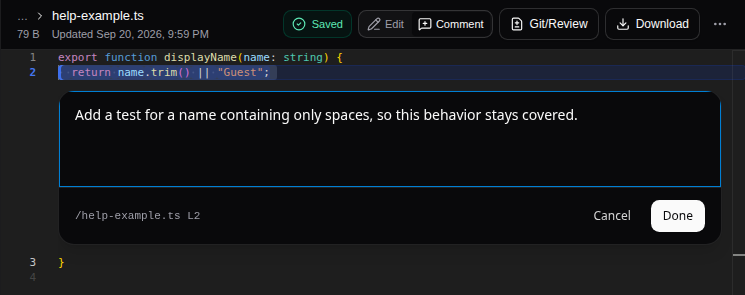 Select a line and write a review comment before adding it to the batch.