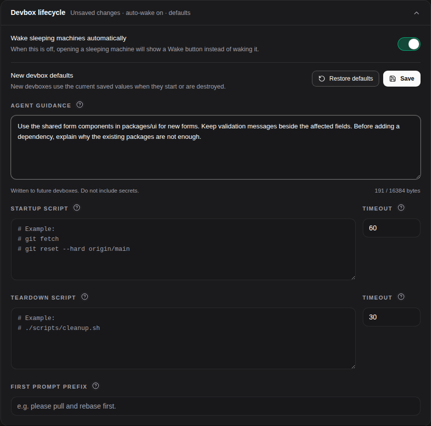 Configure agent guidance, startup commands, and teardown commands in Project settings.