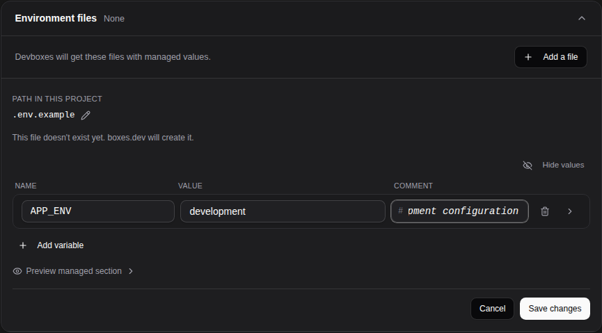 Add an environment file and review its values before saving.