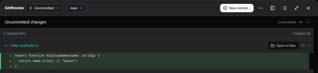 Git/Review shows the changed lines before you stage or commit them.