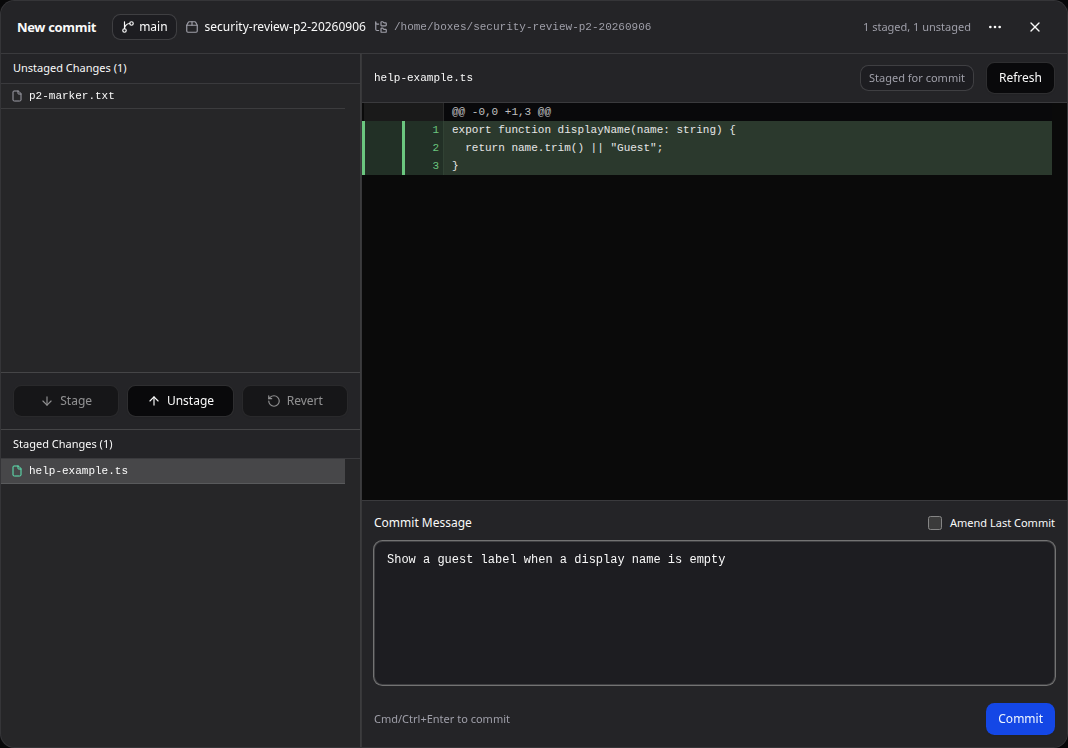 Stage the files you want to include, review the diff, and write a commit message.