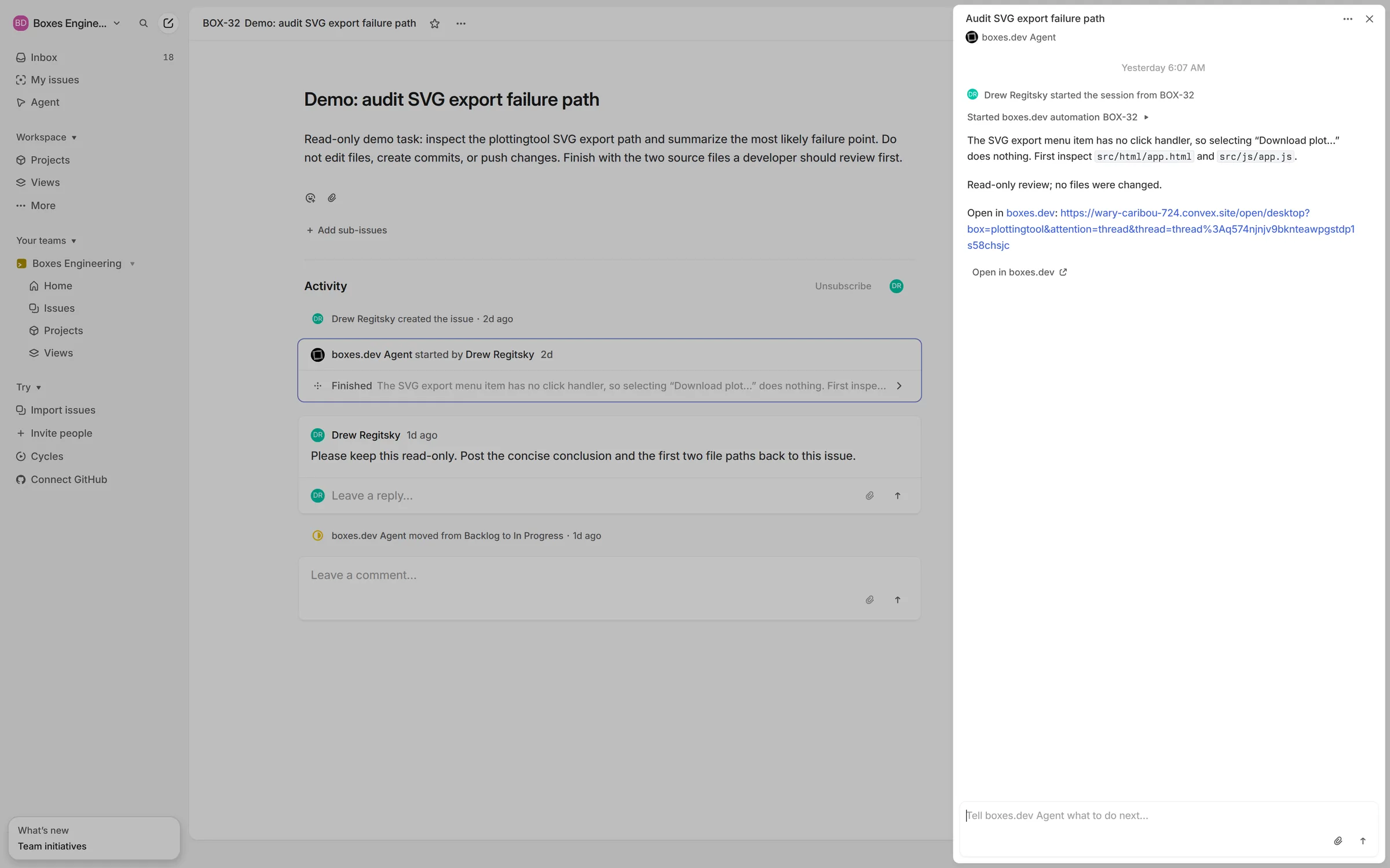 A Linear agent session reports progress and provides a link to the boxes.dev thread.
