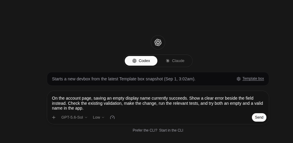 A new devbox starts from the saved environment shown above the task composer.
