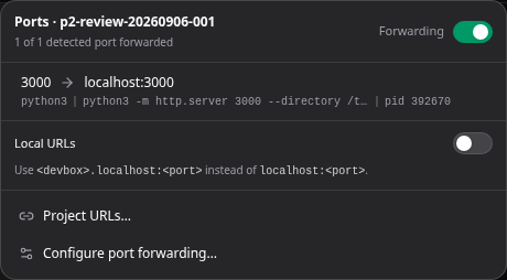 Ports lists the detected server and the local address you can open.
