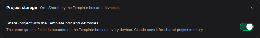 Project storage connects the shared /project folder to the project's machines.