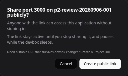 The confirmation explains that anyone with the public link can reach the app.