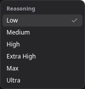 Use the reasoning picker to choose the effort and speed available for the selected model.