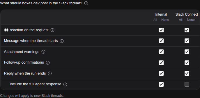 Choose which activity appears in internal Slack conversations and shared Slack Connect channels.