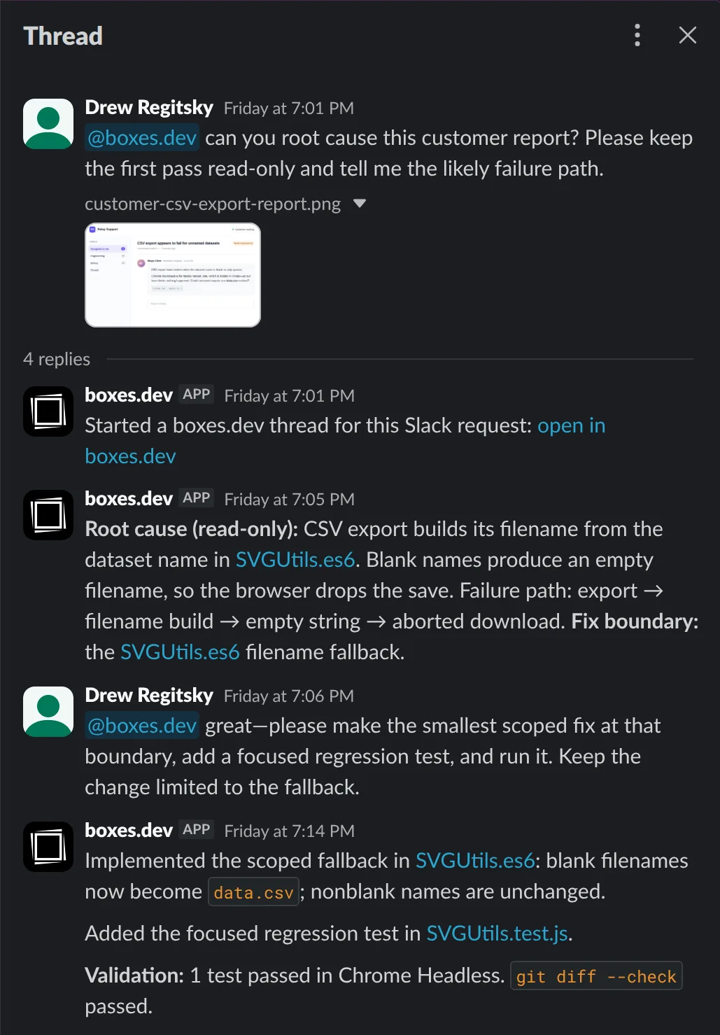Start work with a Slack mention, then follow the agent's progress and replies in the thread.