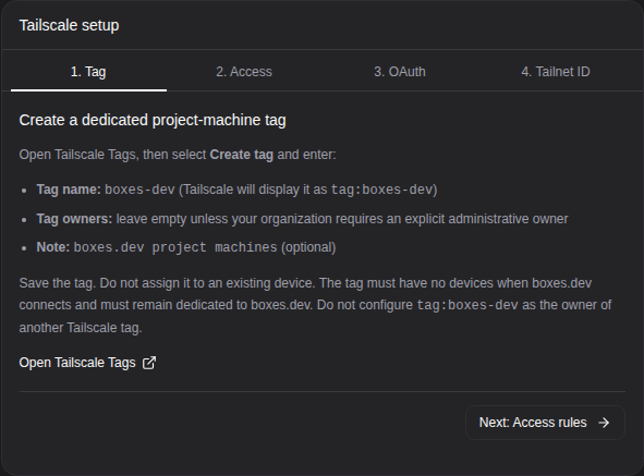 Team setup starts with the device tag and access rules for boxes.dev machines.