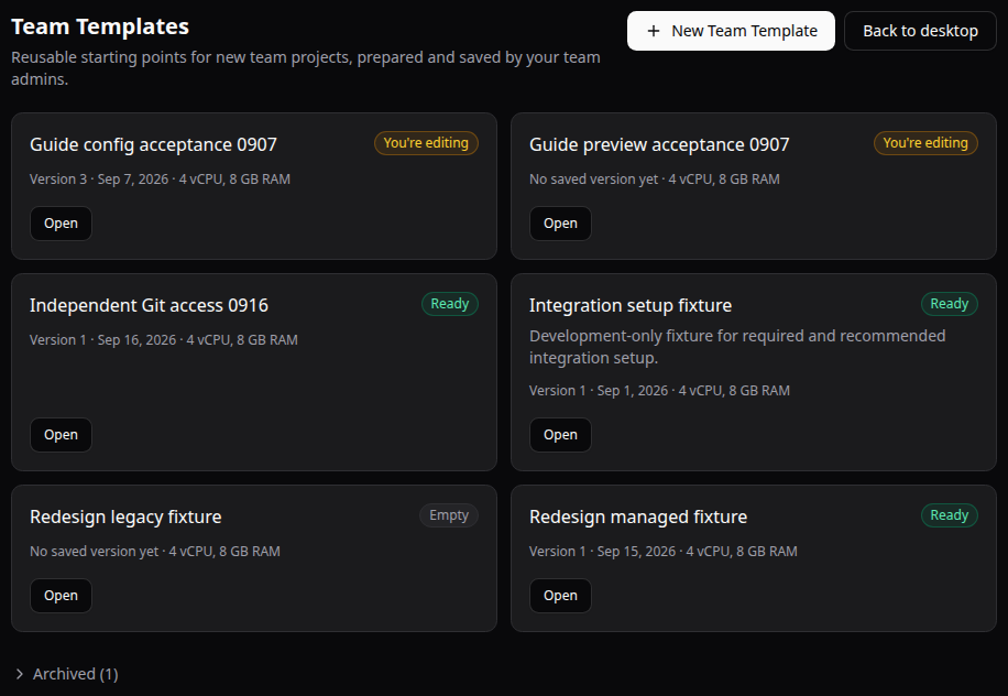 The Team Templates collection, with New Team Template and each template's saved version and status.