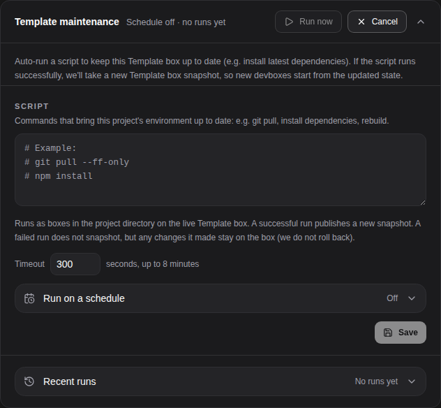Configure a maintenance script and its schedule for the Template box.