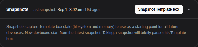 Snapshots shows when the environment was last saved and the button to save it again.