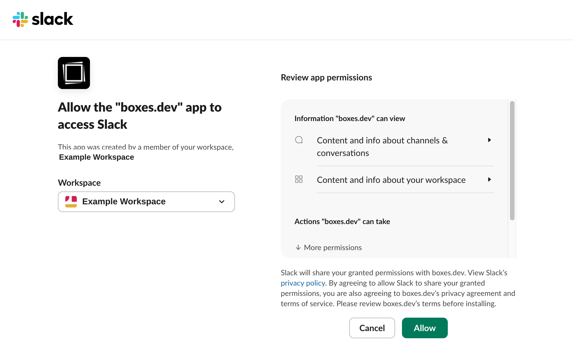 Slack app permission review screen