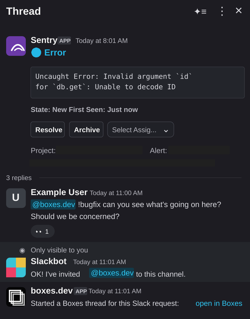 Slack thread where a boxes.dev automation starts