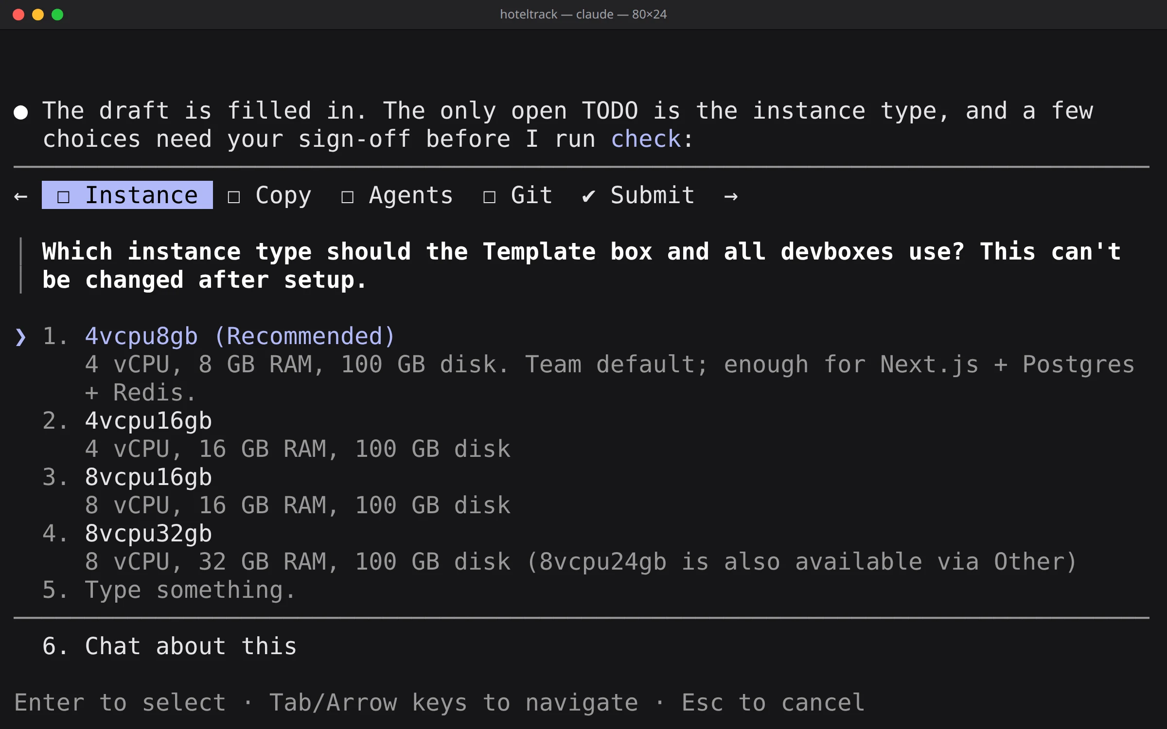 Claude Code asking which machine size the setup plan should use