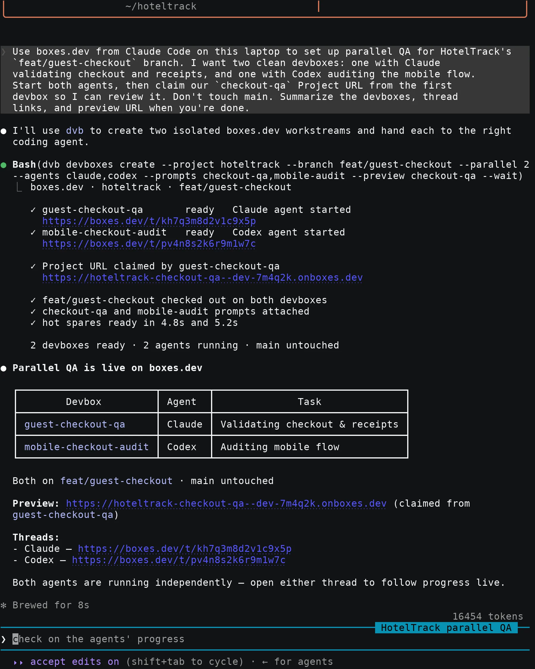 A local Claude Code session using the boxes.dev CLI to launch two parallel QA devboxes and claim a Project URL