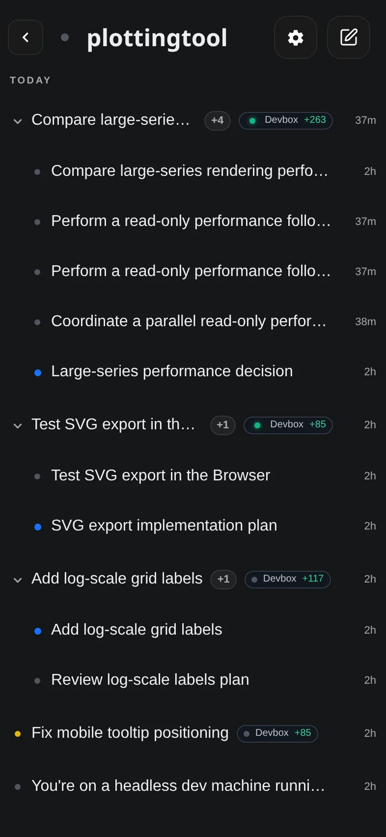 boxes.dev mobile app showing a project's devboxes and threads